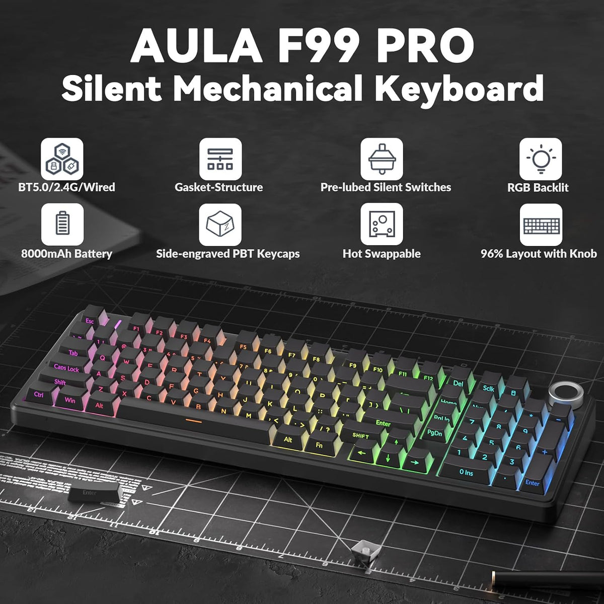 AULA F99 Pro Wireless Mechanical Keyboard-Silent Version,BT5.0/2.4GHz/USB-C H...