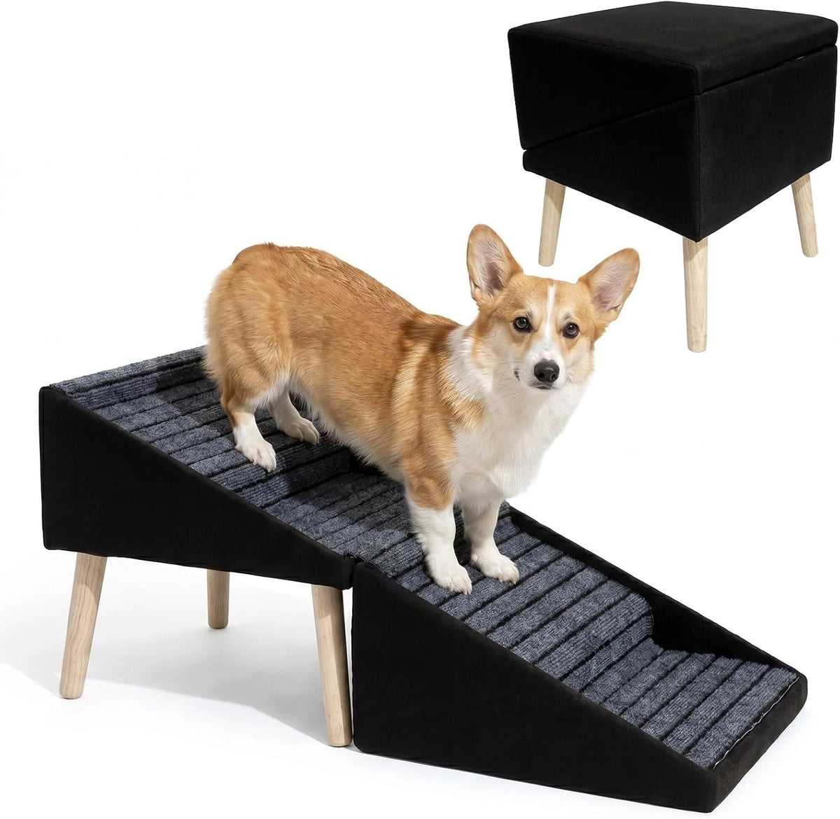 GYKLE 17.3" Foldable Wooden Dog Stairs & Ottoman, 2-in-1 Pet Ramp