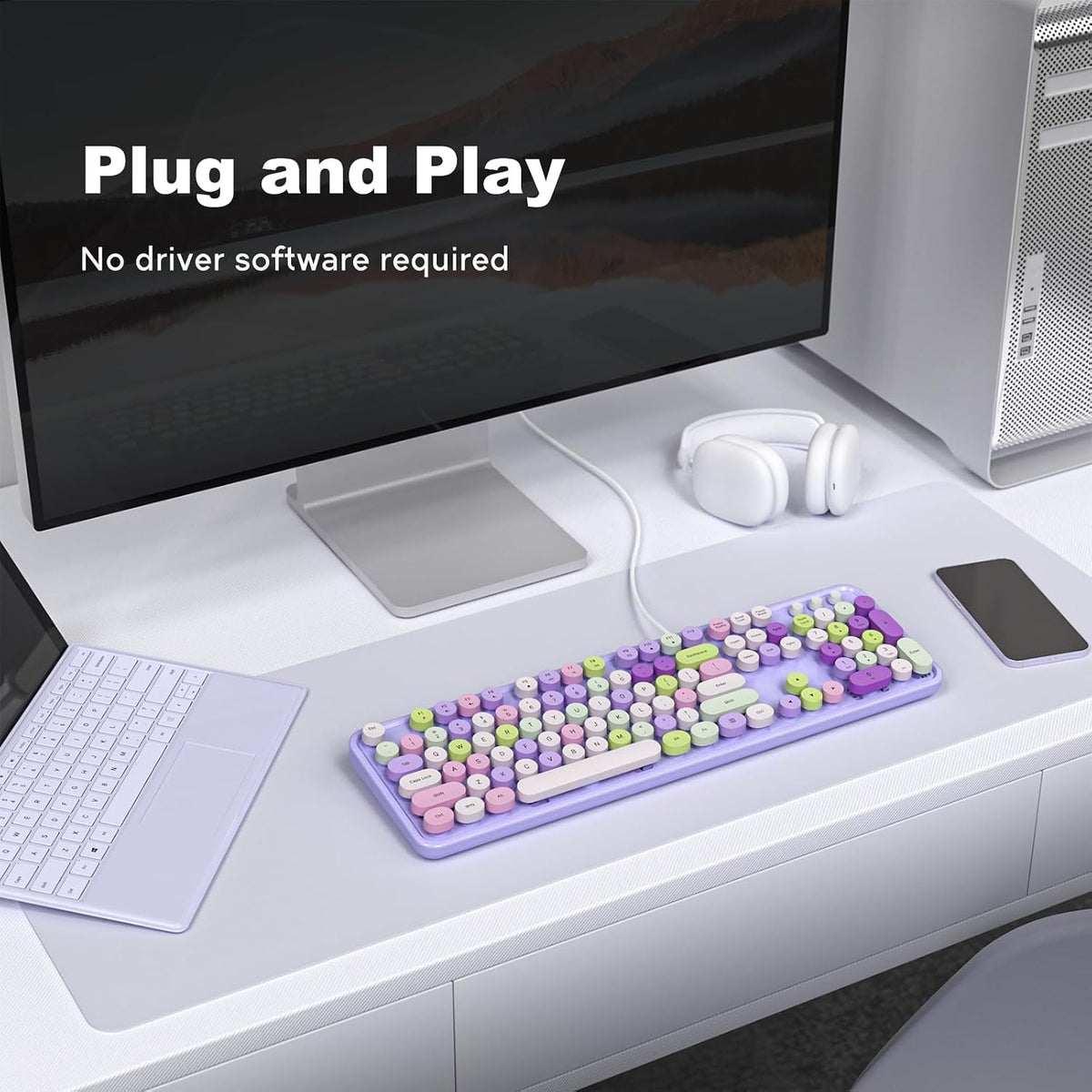 KNOWSQT Wired Computer Keyboard - Purple Colorful Retro Full Size Round Keyca...