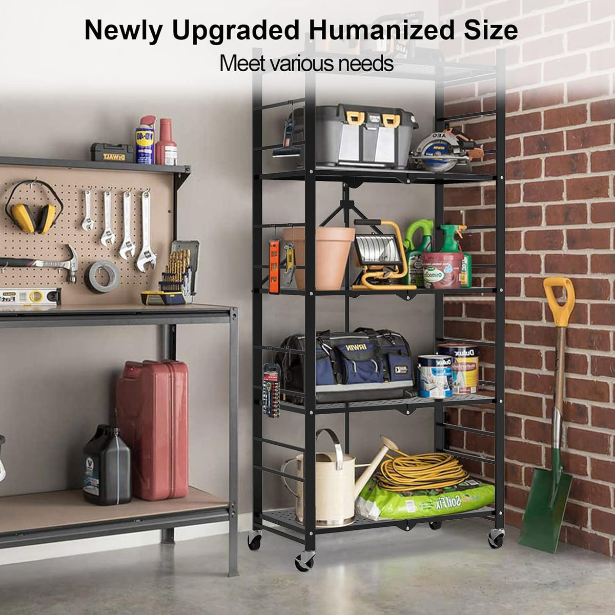 Himix 5-Tier Foldable Storage Shelves with 20 Hooks Wheels Kitchen Black
