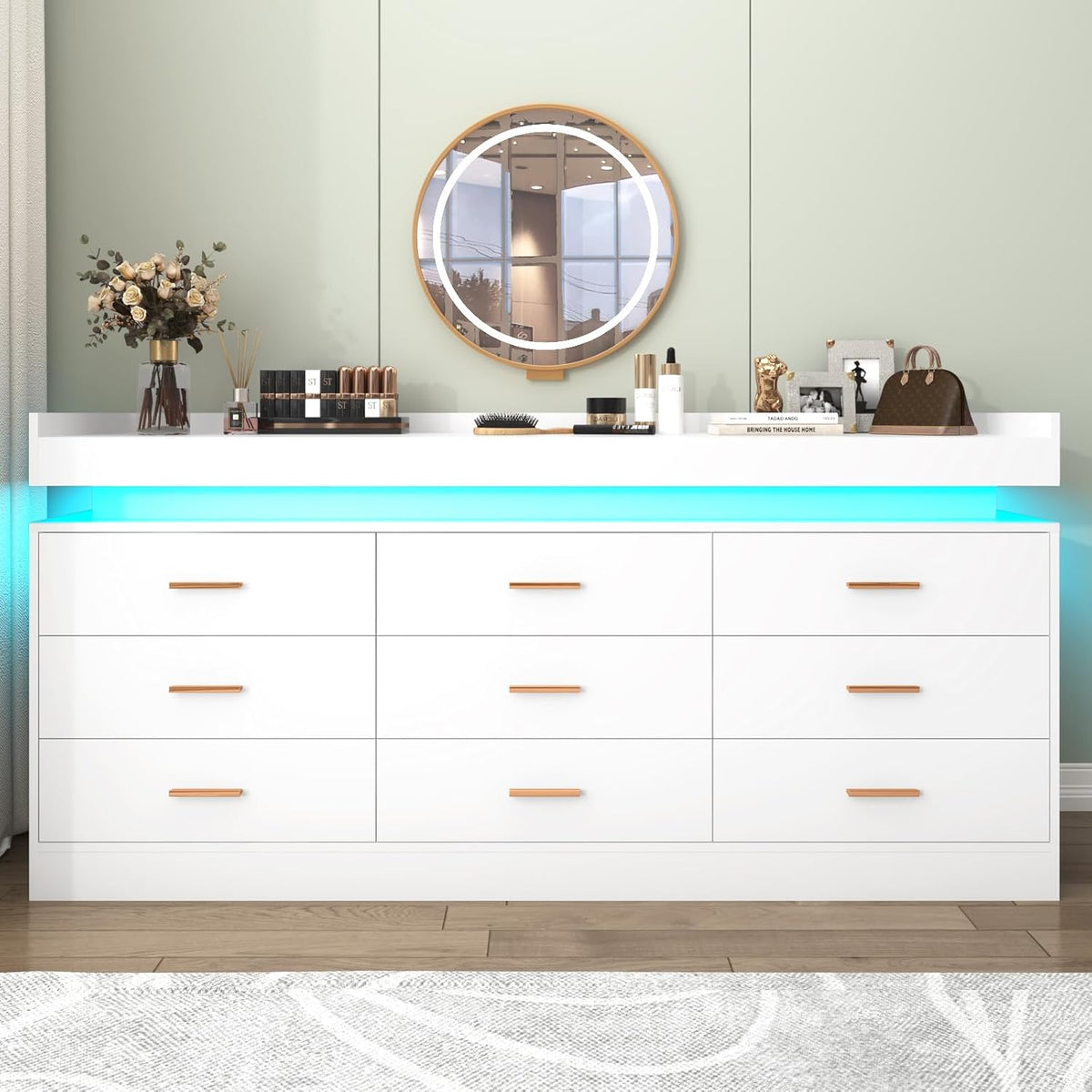 Hlivelood 9 Drawer Dresser with LED Light and Charging Station, Modern Chest ...
