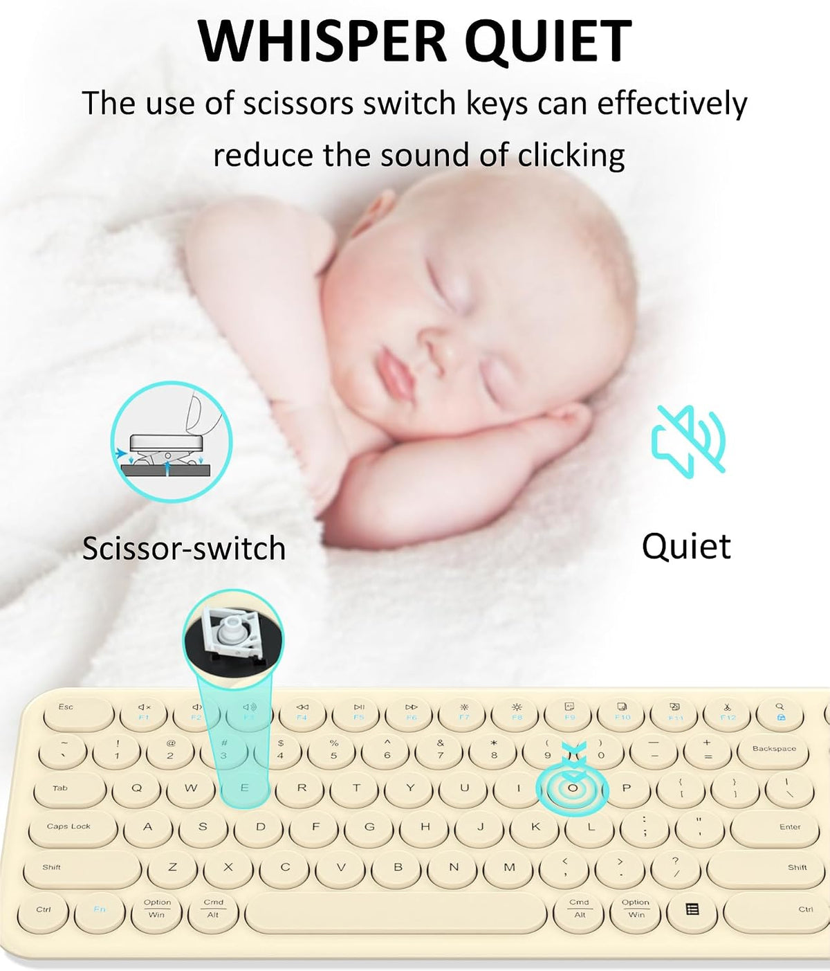 Quiet Wireless Keyboard, Round Keycaps, Low Profile Slim Design (Khaki)