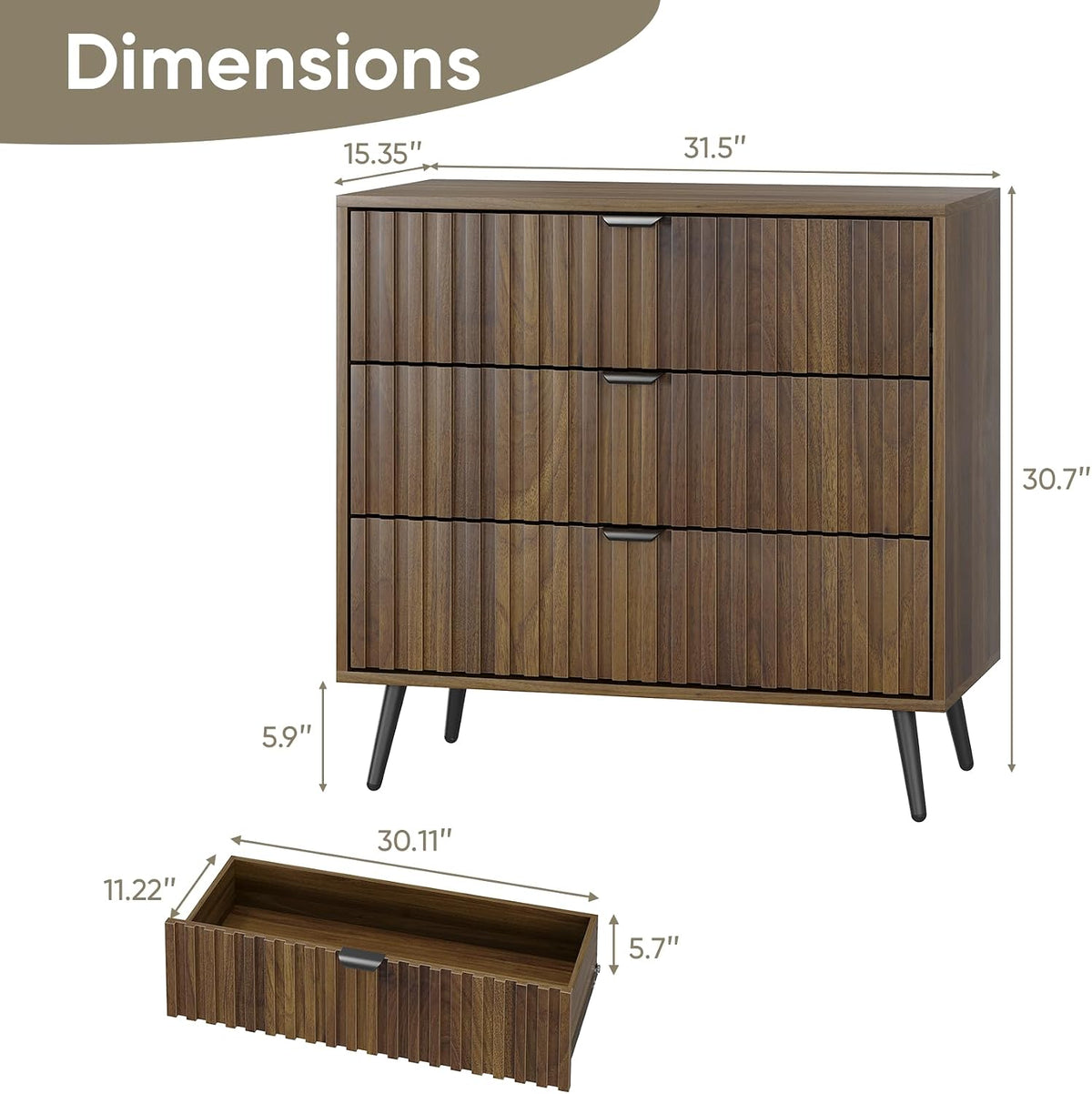 Smart FENDEE 3 Drawers Dresser, Fluted Small Dresser, 31.5“ W Mid- Century Mo...