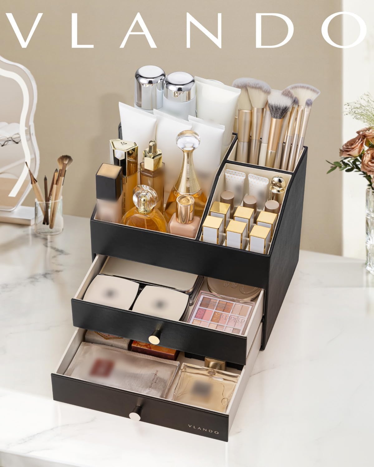 VLANDO 3-Layer Makeup Organizer with 2 Large Drawers for Vanity,Black