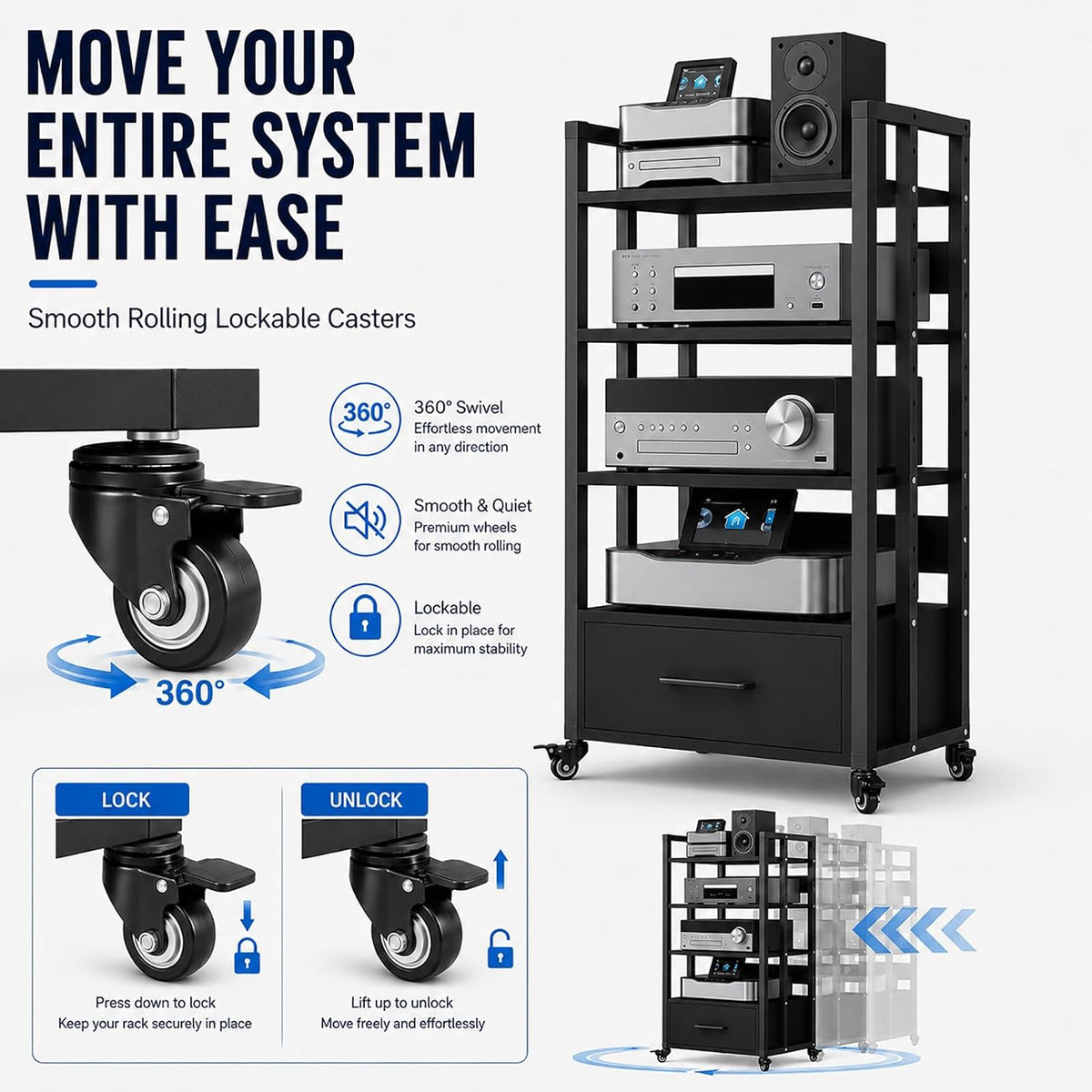 4-Tier Audio Rack with Wheels, AV Media Stand