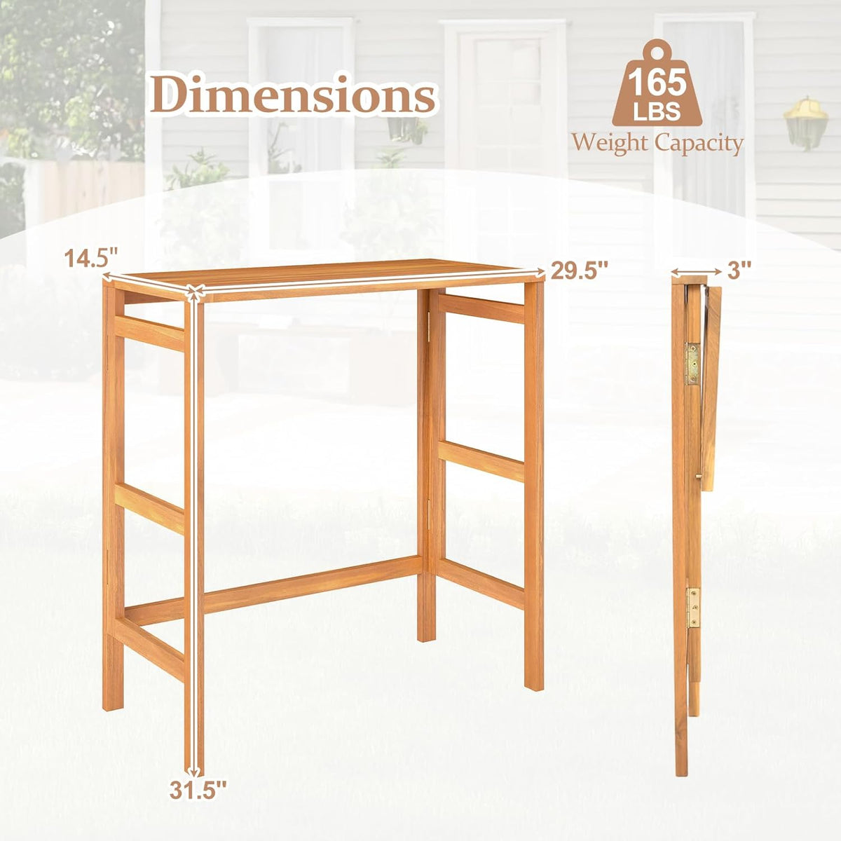 Tangkula Acacia Wood Outdoor Folding Bar Table, Patio Rectangle Counter Heigh...