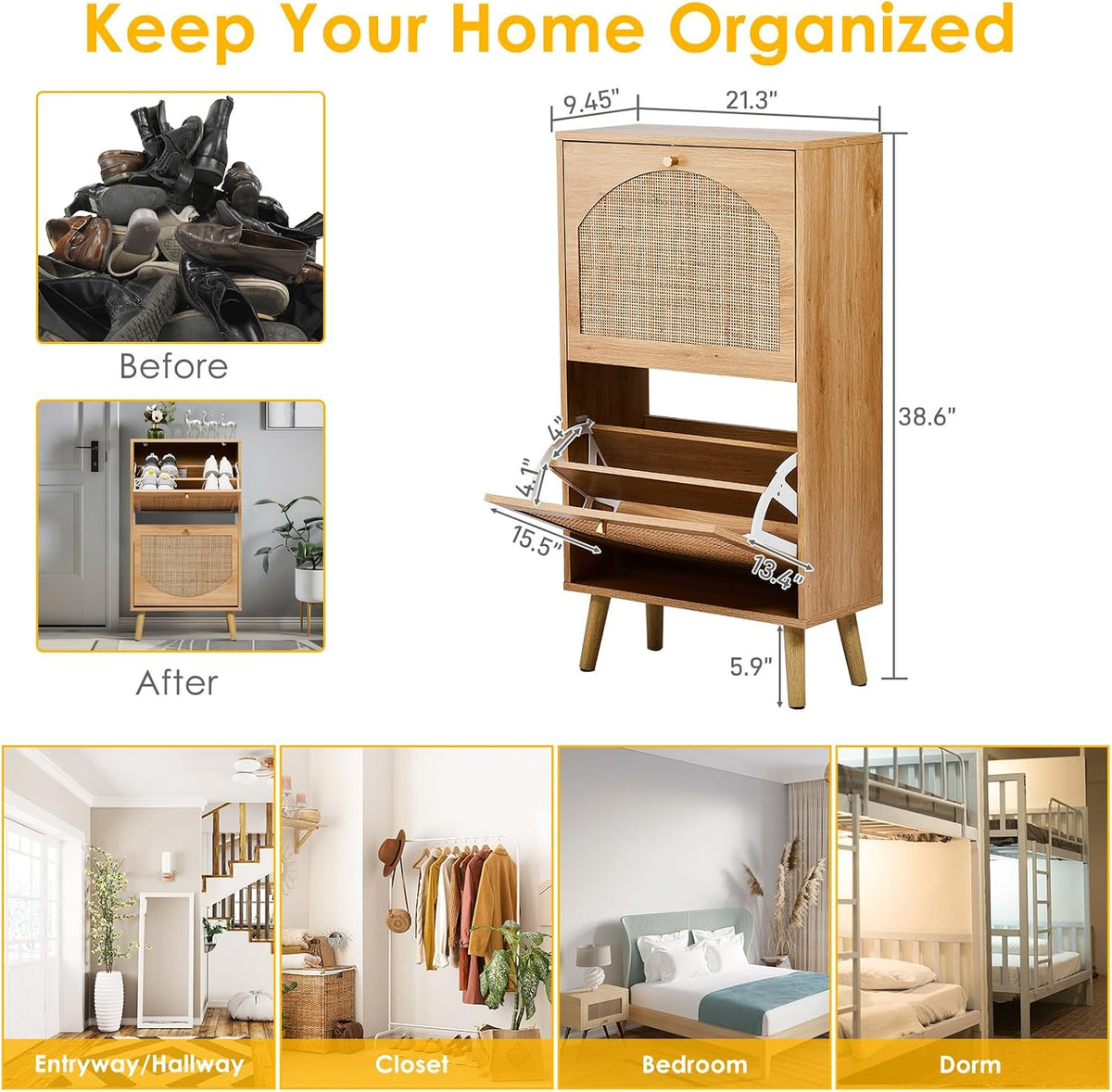 Karl home Natural Rattan Shoe Cabinet, 2 Flip Drawer Entryway Organizer