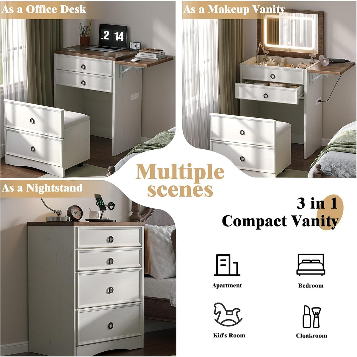 LUXOAK 3 in 1 Compact Makeup Vanity Desk with Hidden Chair & Mirror, White