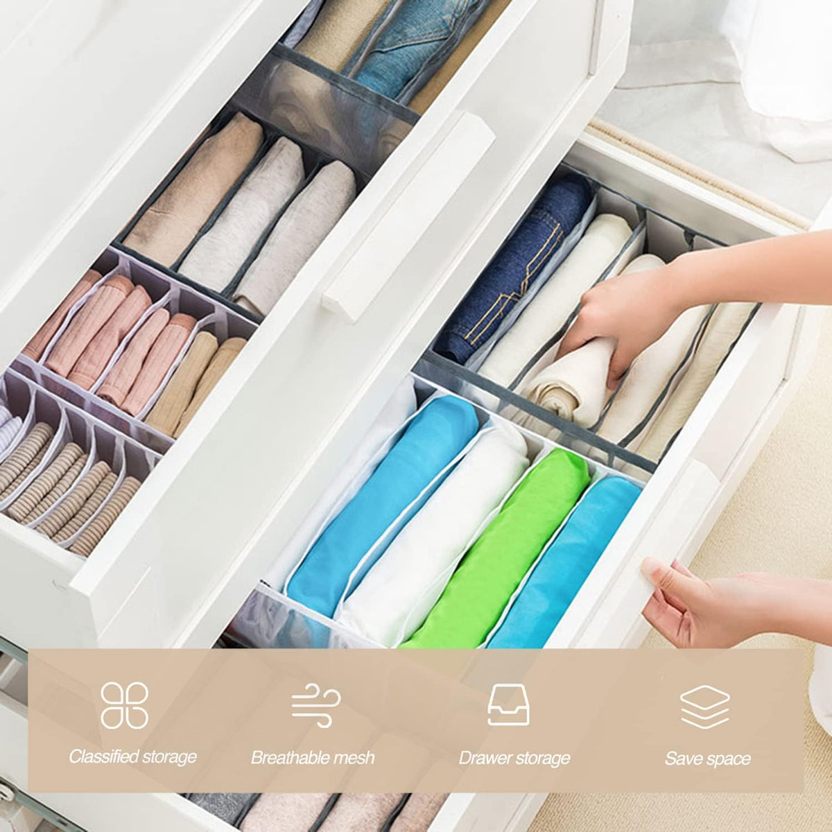 Wardrobe Clothes Organizer, 7 Grids Washable Portable Closet Organizer Mesh S...