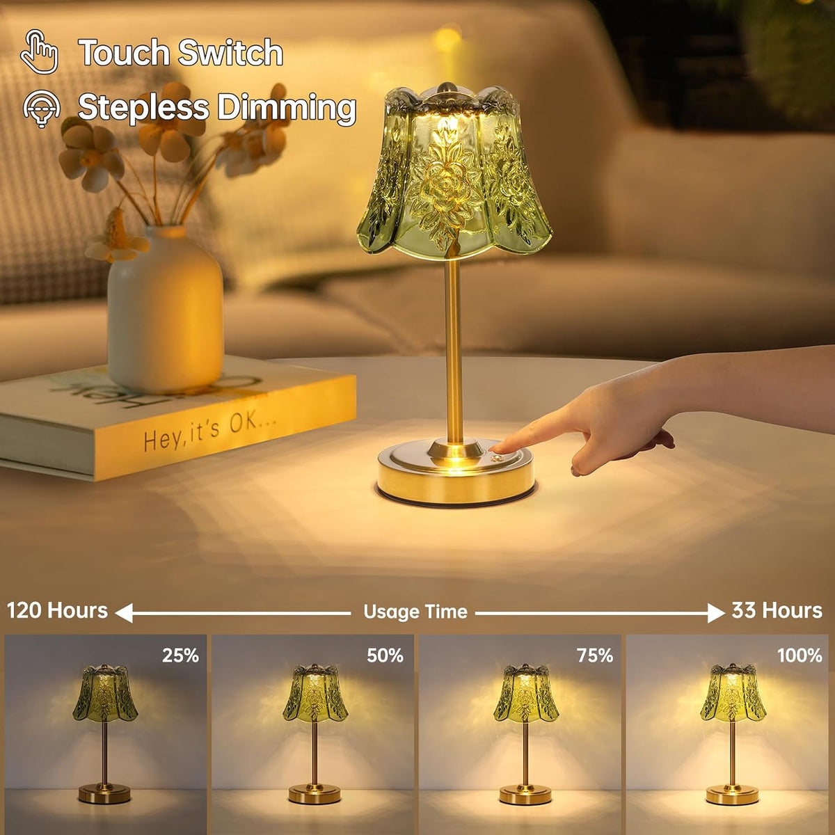 Shenmoyl Cordless Touch Table Lamp with 5200mAh Battery - 3 Adjustable Color ...