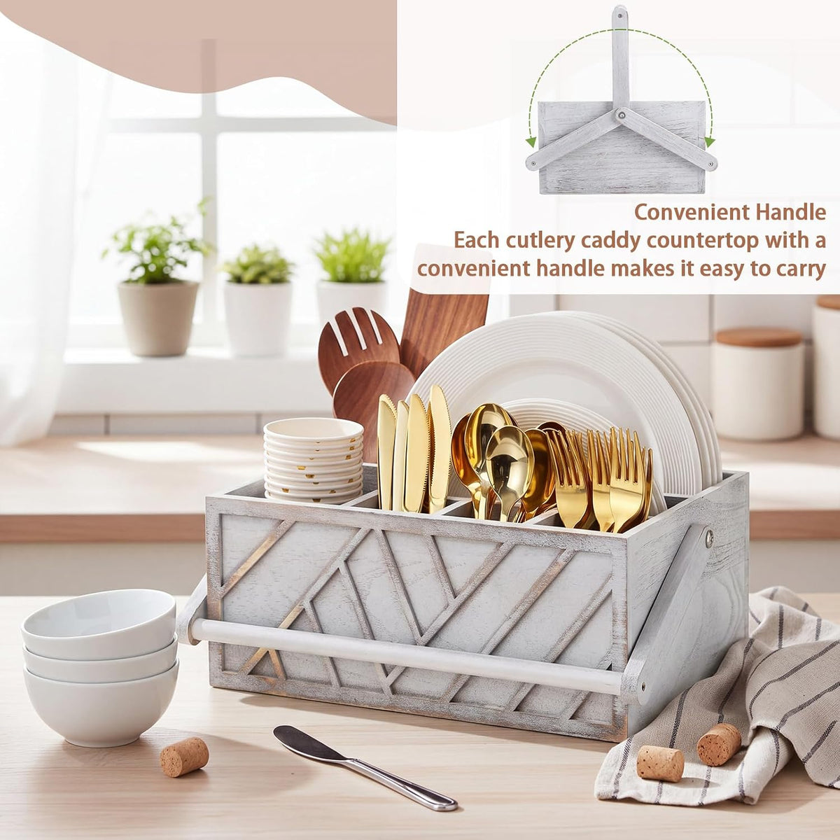 13 Inch Silverware Caddy with Handle, Wooden Utensil Plate Holder,White