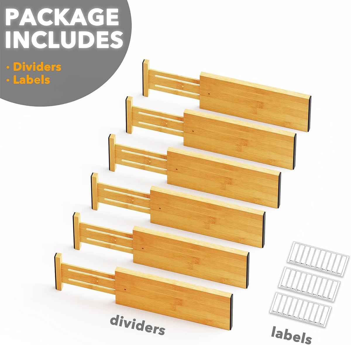 SpaceAid Bamboo Dresser Drawer Dividers 6 Pack, 4.65“ High Adjustable 12.5“-1...