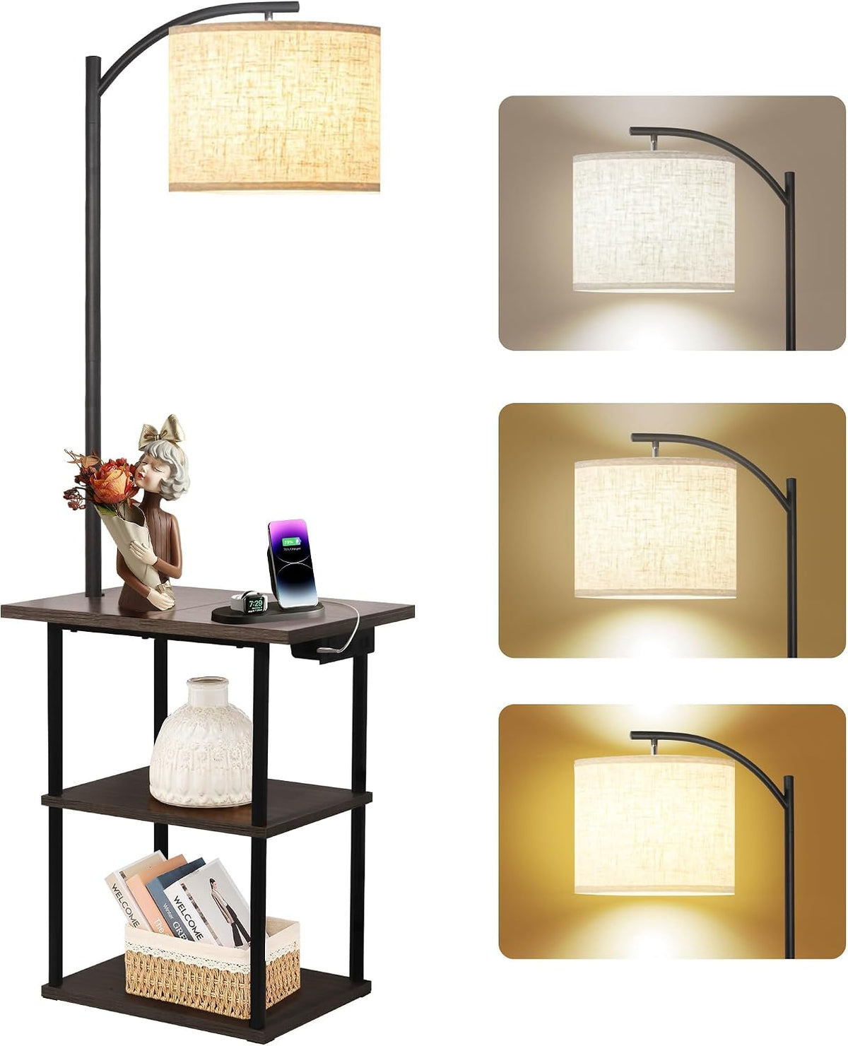 PESRAE Floor Lamp with Table, End Tables with Charging Station