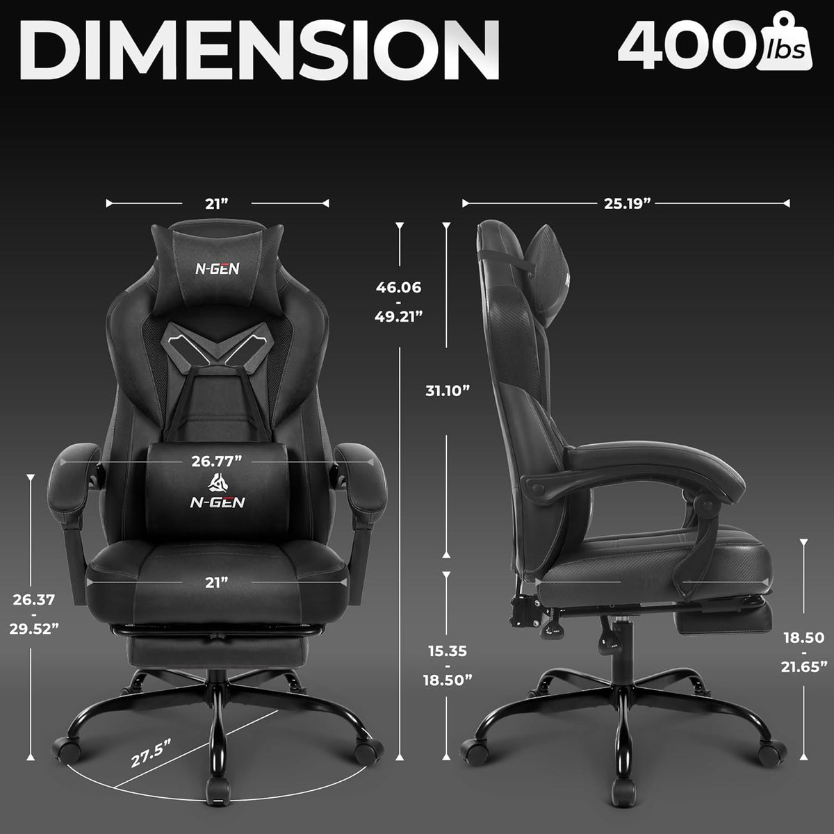 N-GEN GAMING Big & Tall Gaming Chair, Footrest, Lumbar Support, Dark Black
