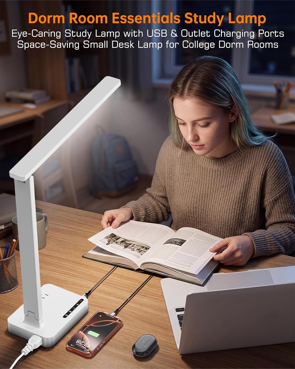 LED Desk Lamp with USB Charging Port for Dorm Office, 800lm, CRI 92, White