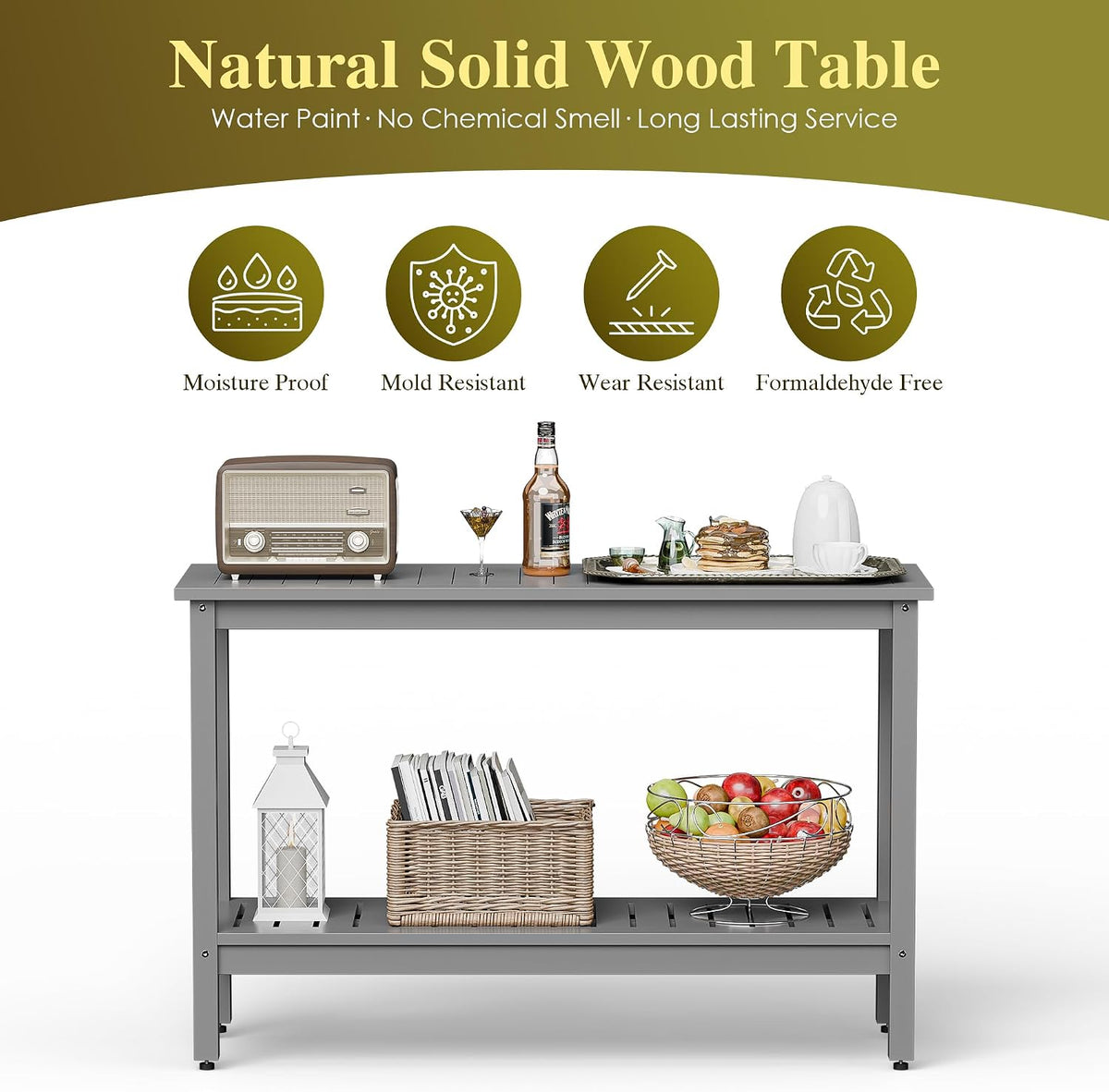 SUPER DEAL 48 inch Outdoor Console Table, 2-Tier Solid Wood Side Table Multif...