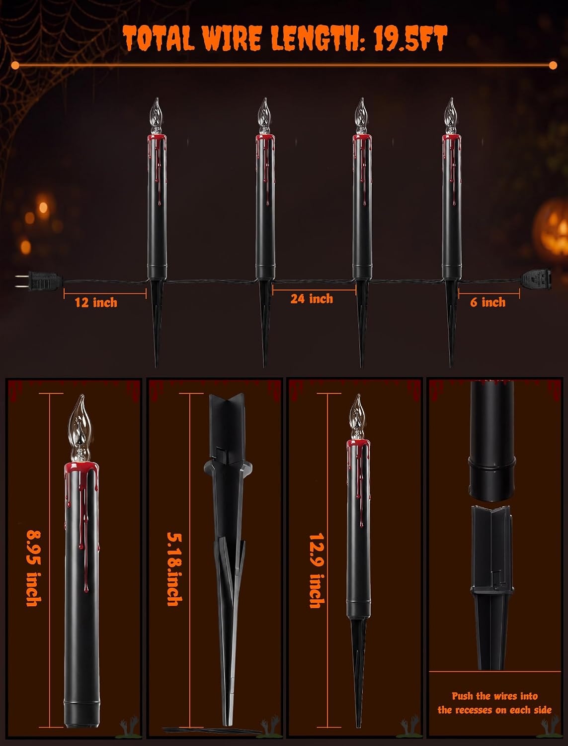 19.5Ft Halloween Candle Pathway Lights, 10-Light Black Blood Drip Stakes