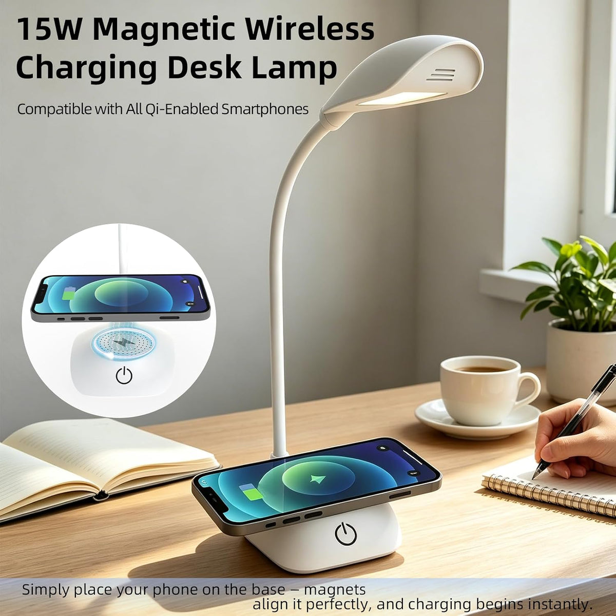 LED Desk Lamp with 15W Magnetic Wireless Charger, Stepless Dimming