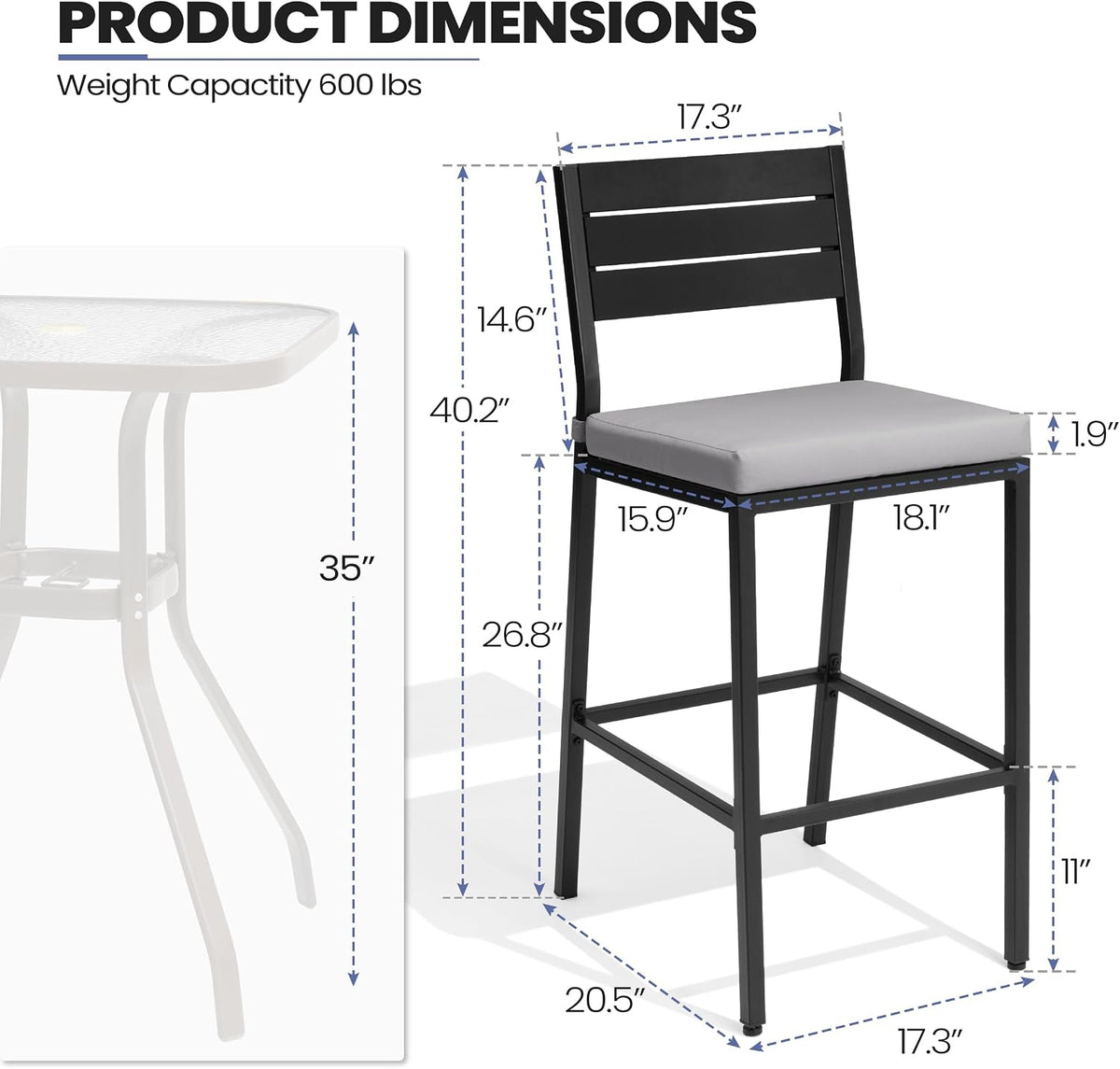 26.8"Outdoor/ Indoor Counter Height Bar Stools Set of 2 with Backrest