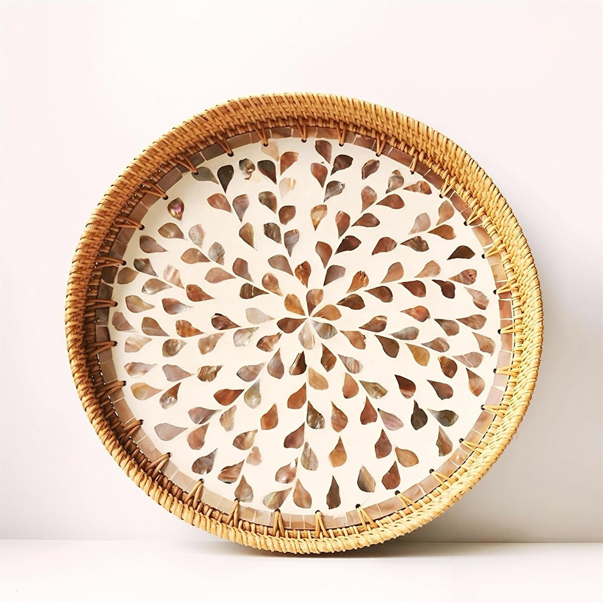 i-lan Set of 3 Round Rattan & Mother of Pearl Trays, Pearlescent Florals