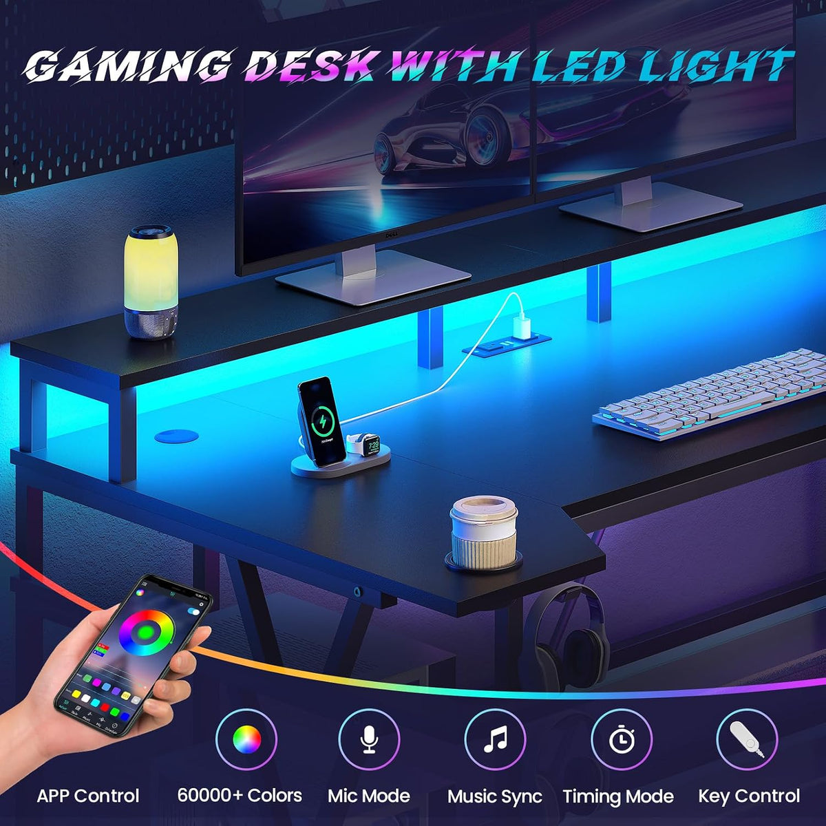SEDETA Gaming Desk 70.8'' with LED Lights, Storage Shelves,Power Outlets