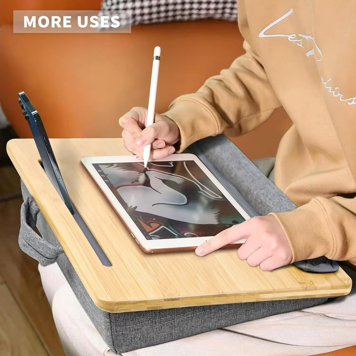 Bamboo Lap Desk for Laptop with Cushion Tablet Phone Holder Handle