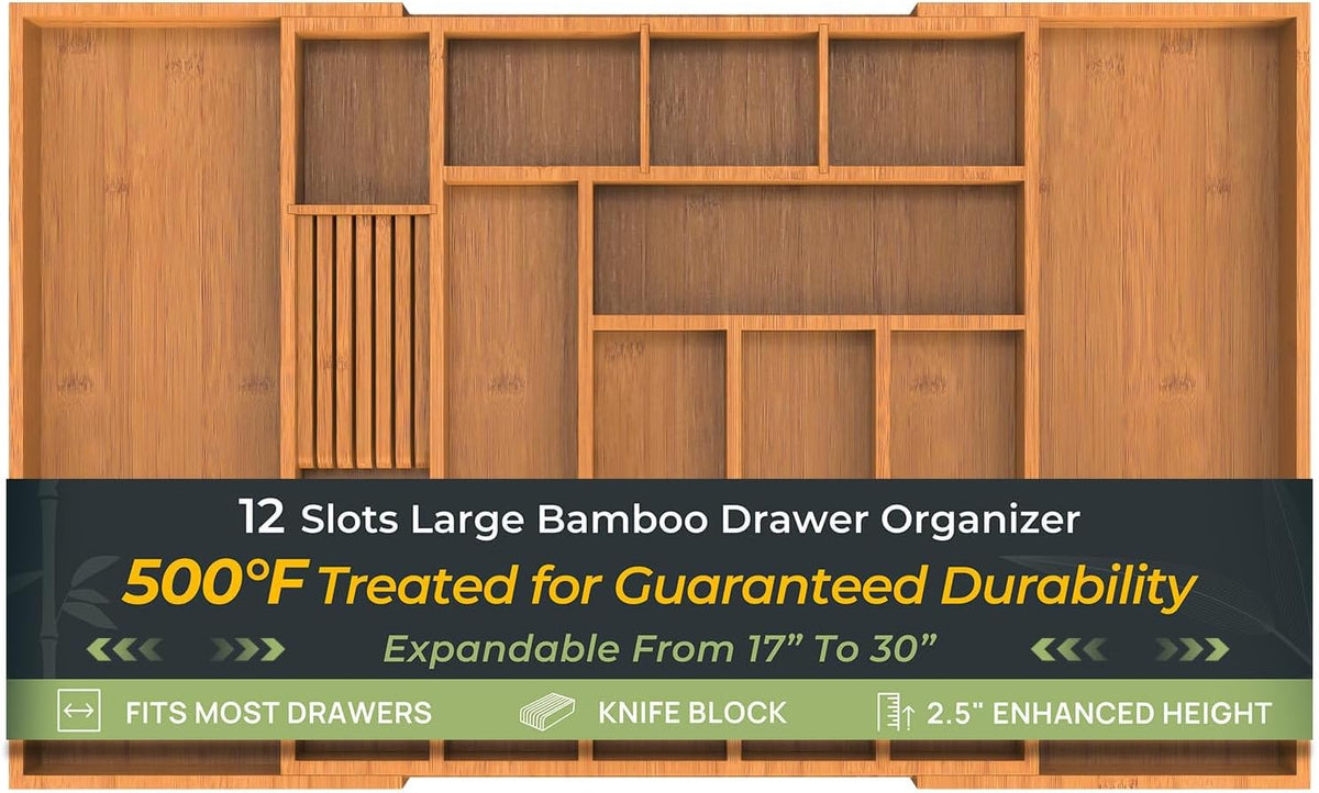 keechee Carbonized Large Bamboo Kitchen Drawer Organizer, 12 Slots Expandable...
