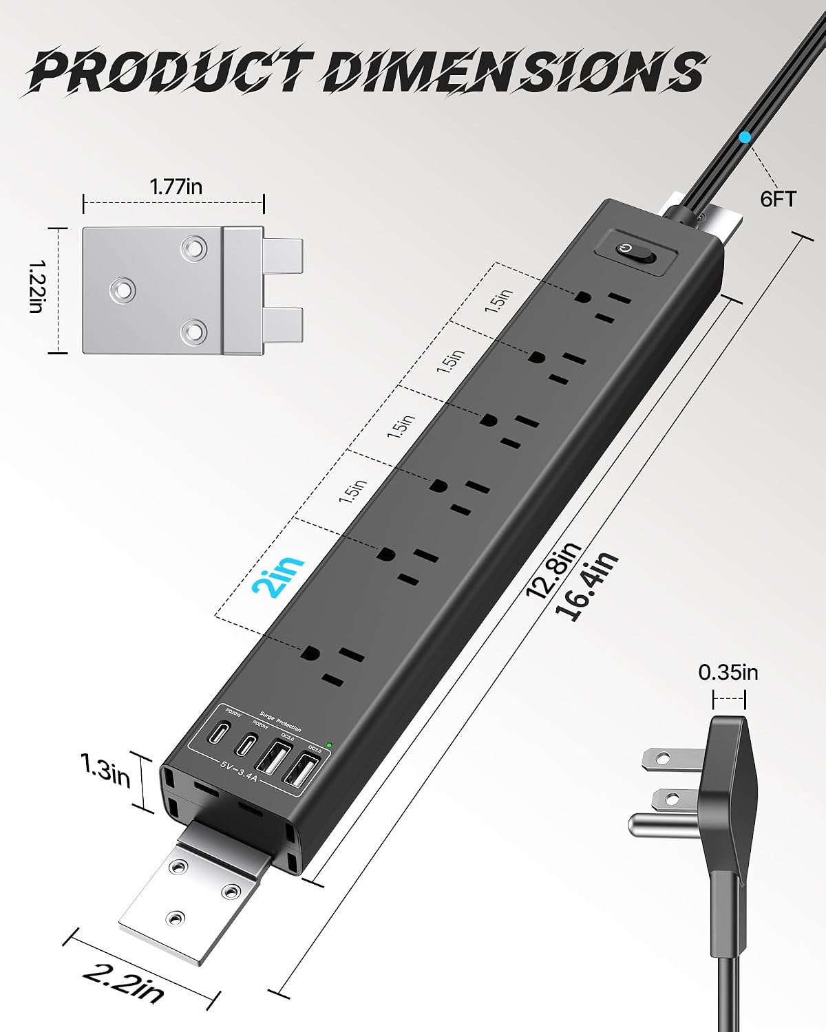 Mountable Power Strip, Wall Mount Surge Protector Power Strip with USB Ports,...