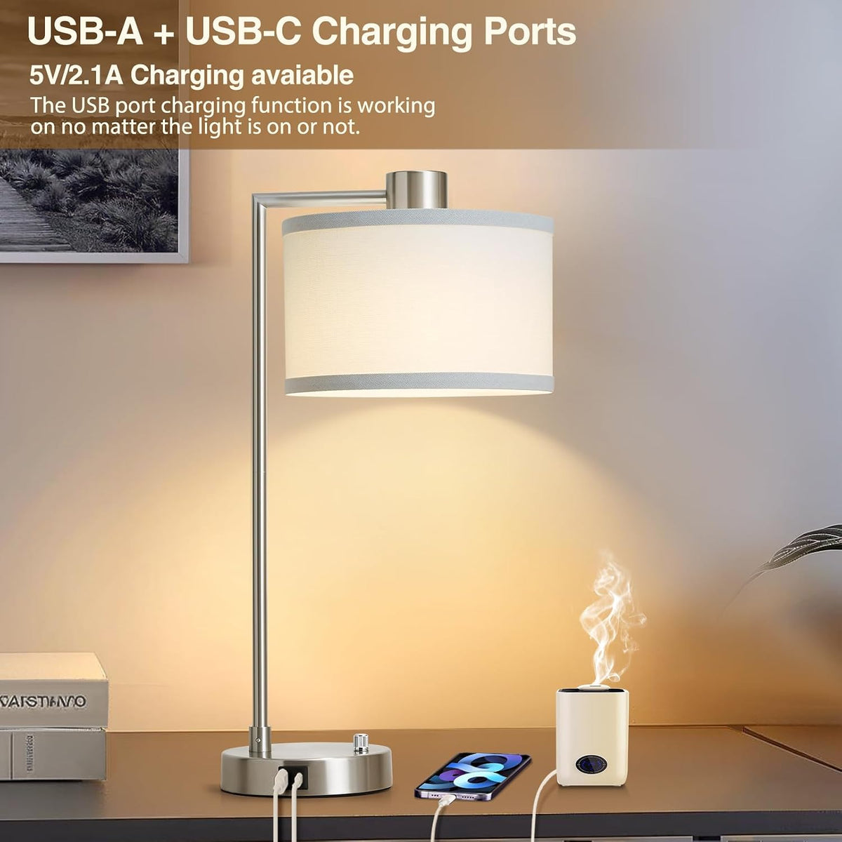 Silver Table Lamp Set of 2, Dimmable Bedside Lamps for Night Stand, USB A+C