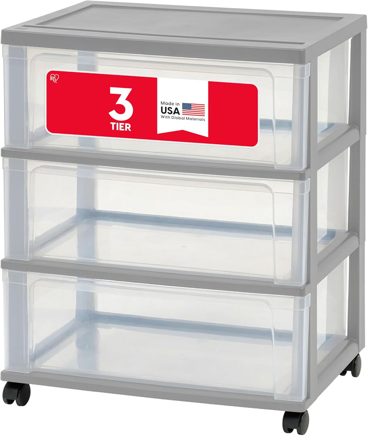IRIS USA 3-Drawer Wide Storage Cart with Wheels, Organizer, Gray