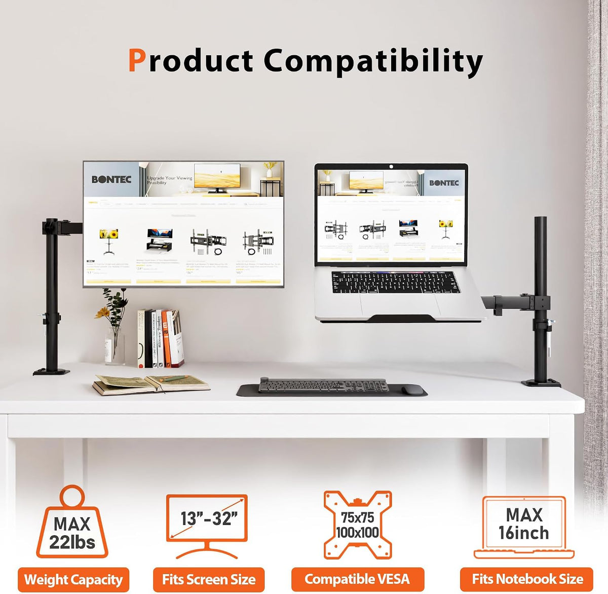 BONTEC Laptop Arm for Desk, 13-32 Inch, 22lbs, VESA 75/100 Compatible