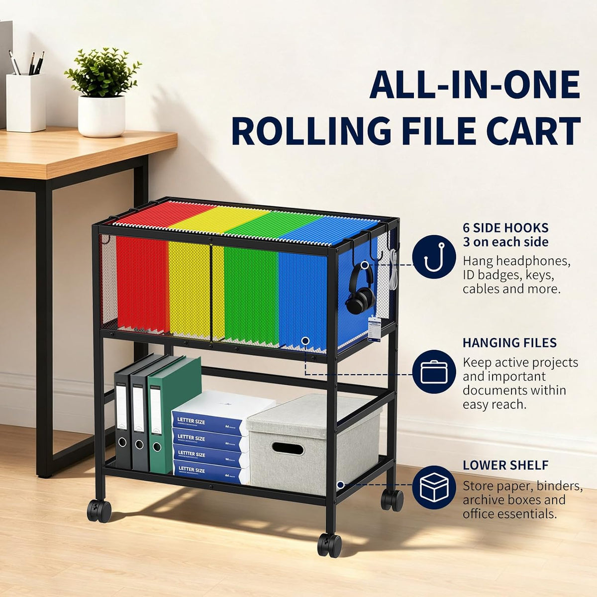 Rolling File Cart, Mobile File Cabinet with 360° Wheels for Home Office