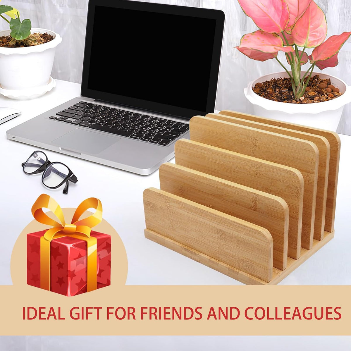 Desk File Mail Organizer Countertop, 5 Slots Bamboo Folder Sorter Holder for ...