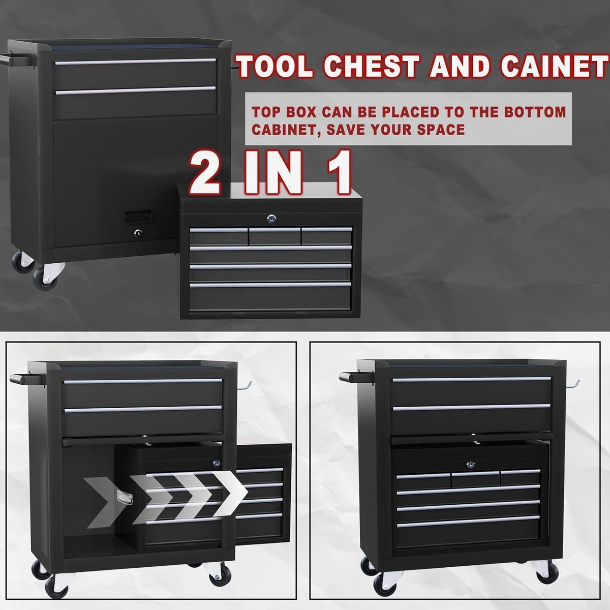8-Drawer Rolling Tool Chest with Wheels & Detachable Top Toolbox - Heavy-...