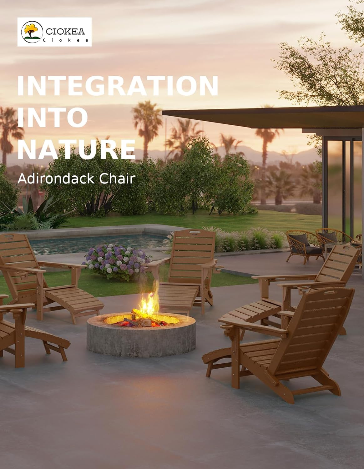 Ciokea HDPE Folding Adirondack Chair with Footrest,Teak,1
