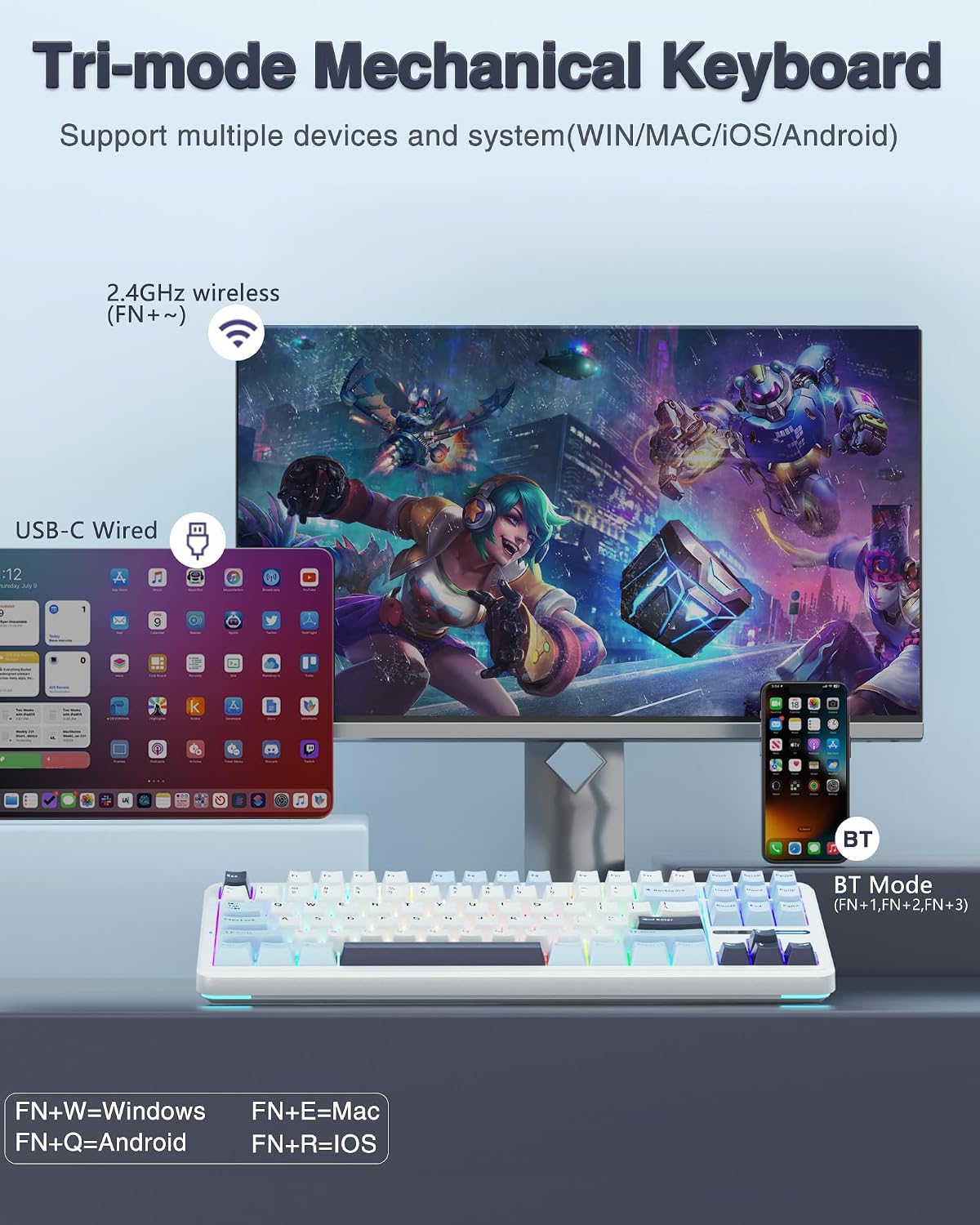 AULA F87 Wireless Mechanical Keyboard, TKL Gaming Keyboard 75%, 87 Keys