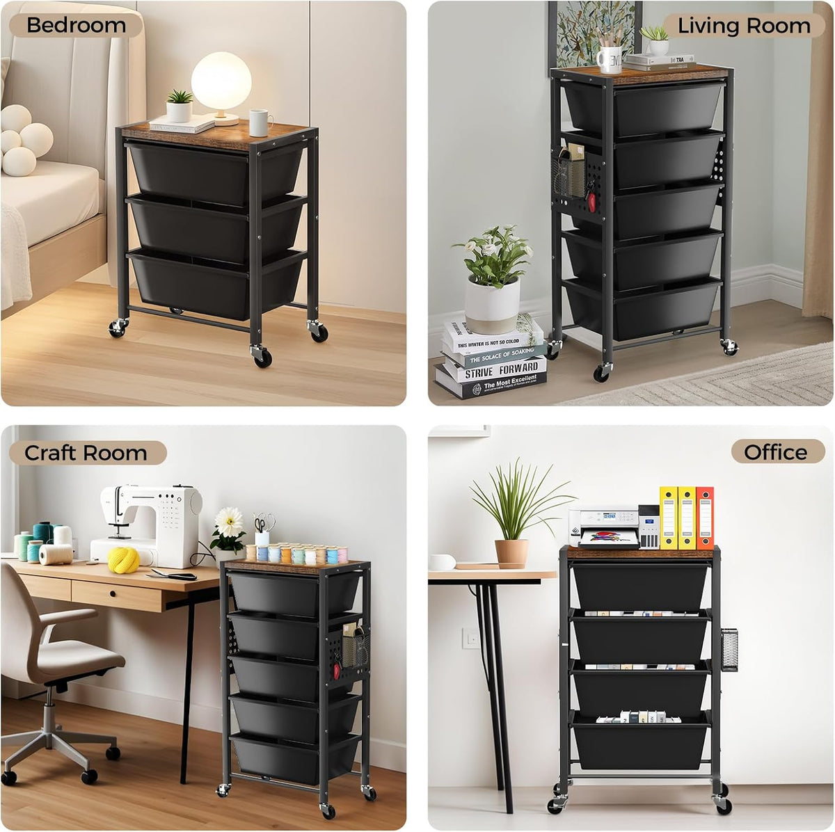 Rolling Cart with 5 Drawers, Plastic Drawer Storage Carts with Wheels & W...