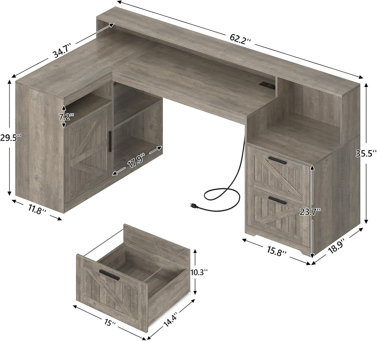 63" Farmhouse L Shaped Desk with Drawers and Printer Stand for Home Office