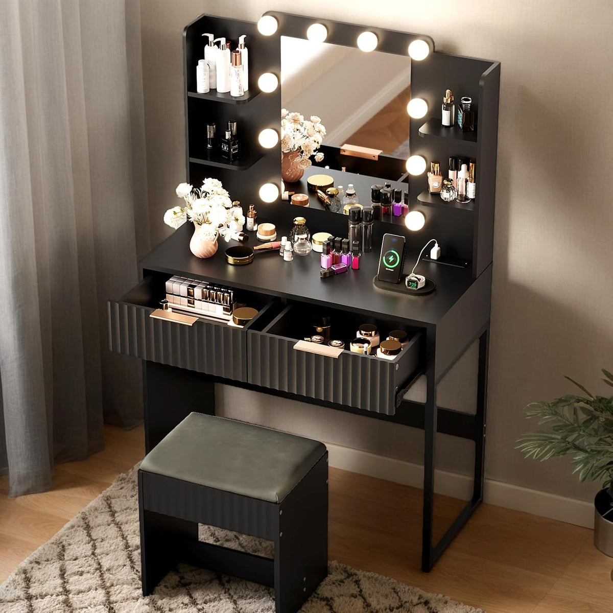 Karl home Fluted Makeup Vanity Desk with Mirror and Lights, Black