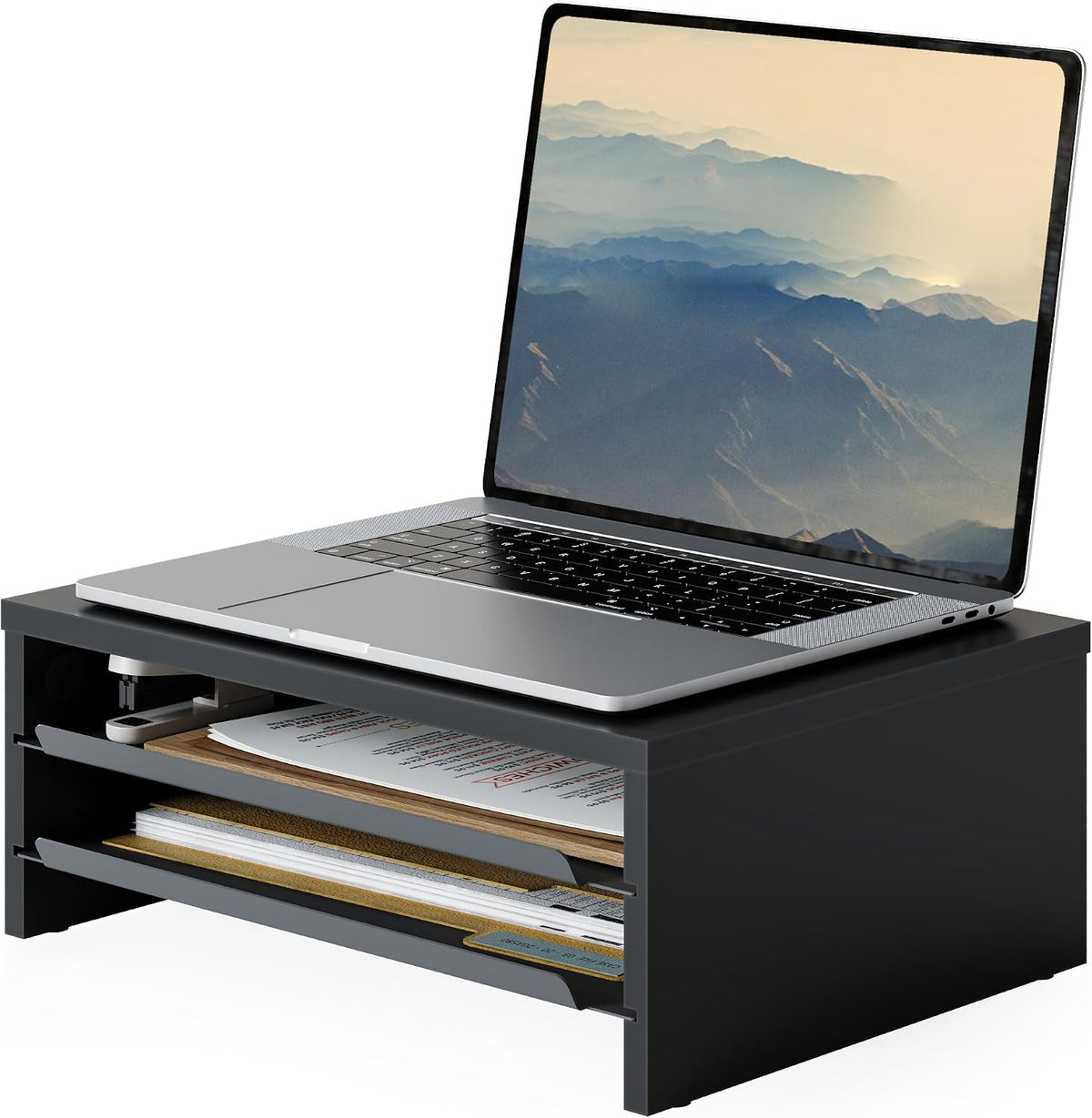 Fenge 14.3-Inch Monitor Stand with Slide-Out Trays, Wood & Metal Desk Shelf
