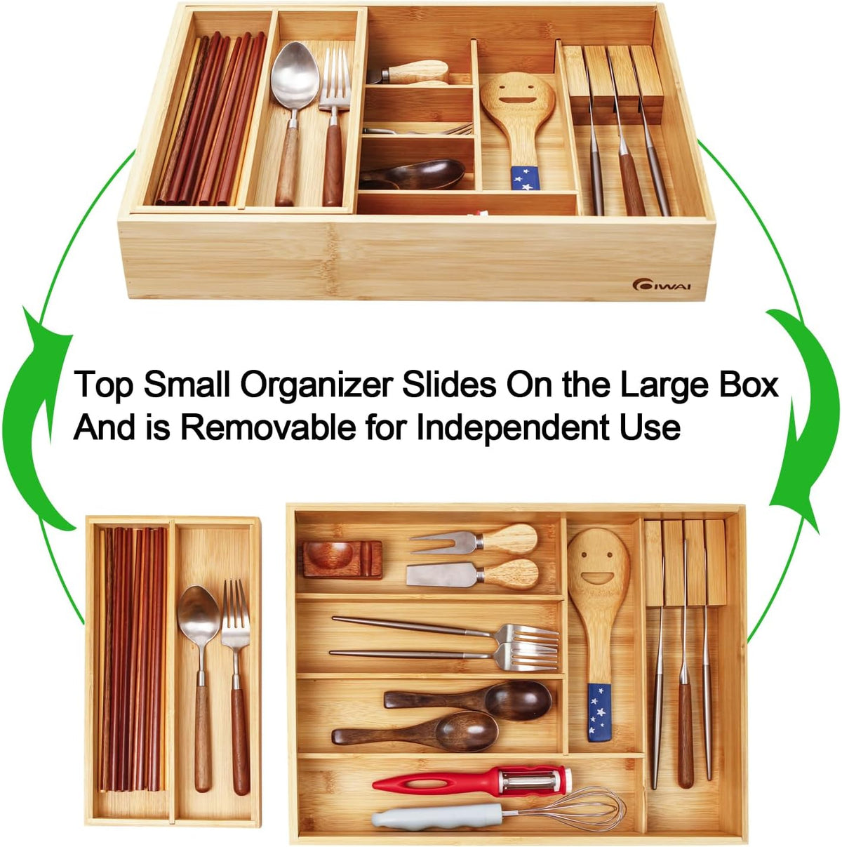 COIWAI Two tier Bamboo kitchen Drawer Organizer Cutlery Utensil Silverware Or...