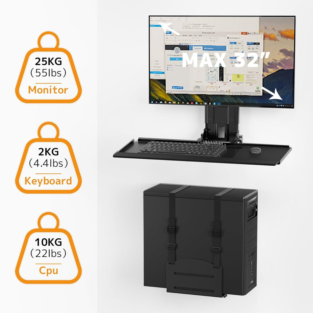 PUTORSEN Monitor and Keyboard Wall Mount with CPU Holder,Fits 32",55 lbs