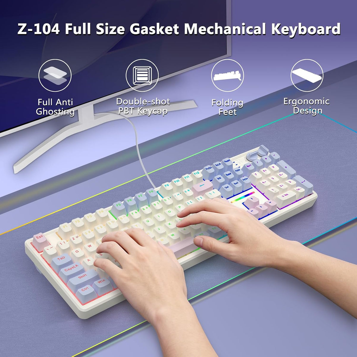 E-YOOSO Creamy Mechanical Gaming Keyboard Wired, Full Size, White Pink