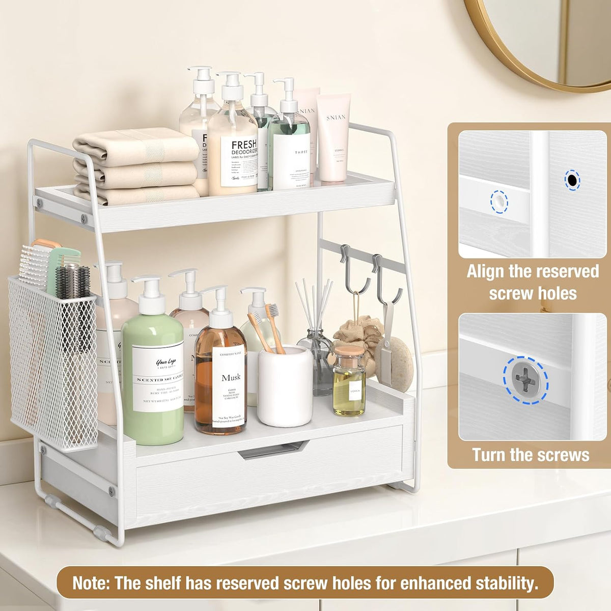 2-Tier Bathroom Counter Organizer with Drawer, Wood Counter Storage Shelf