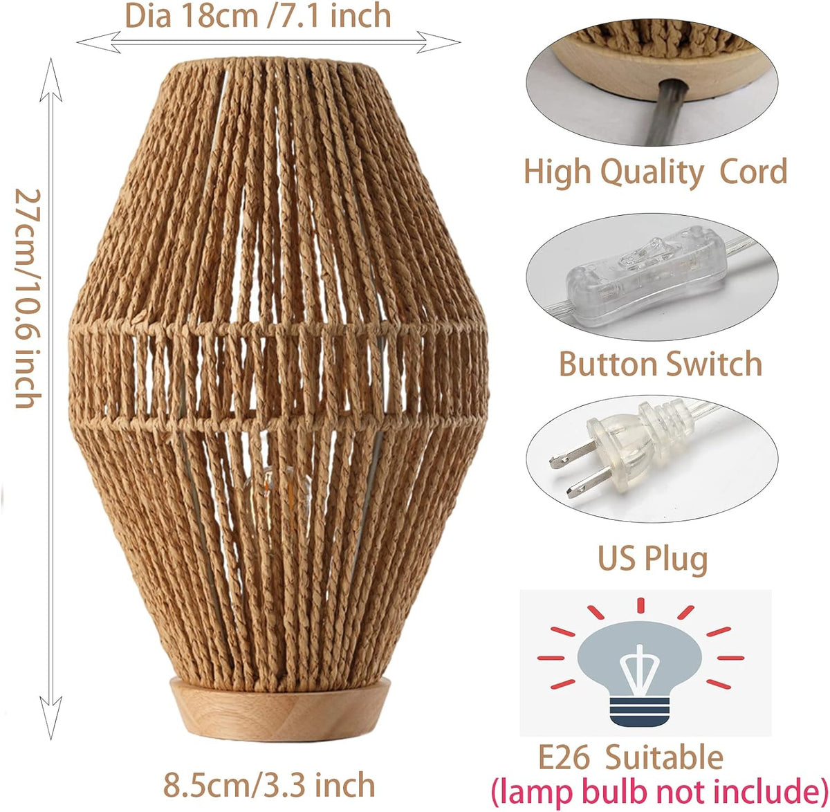 Boho Table Lamps for Bedroom & Living Room - Small Natural Woven Basket L...