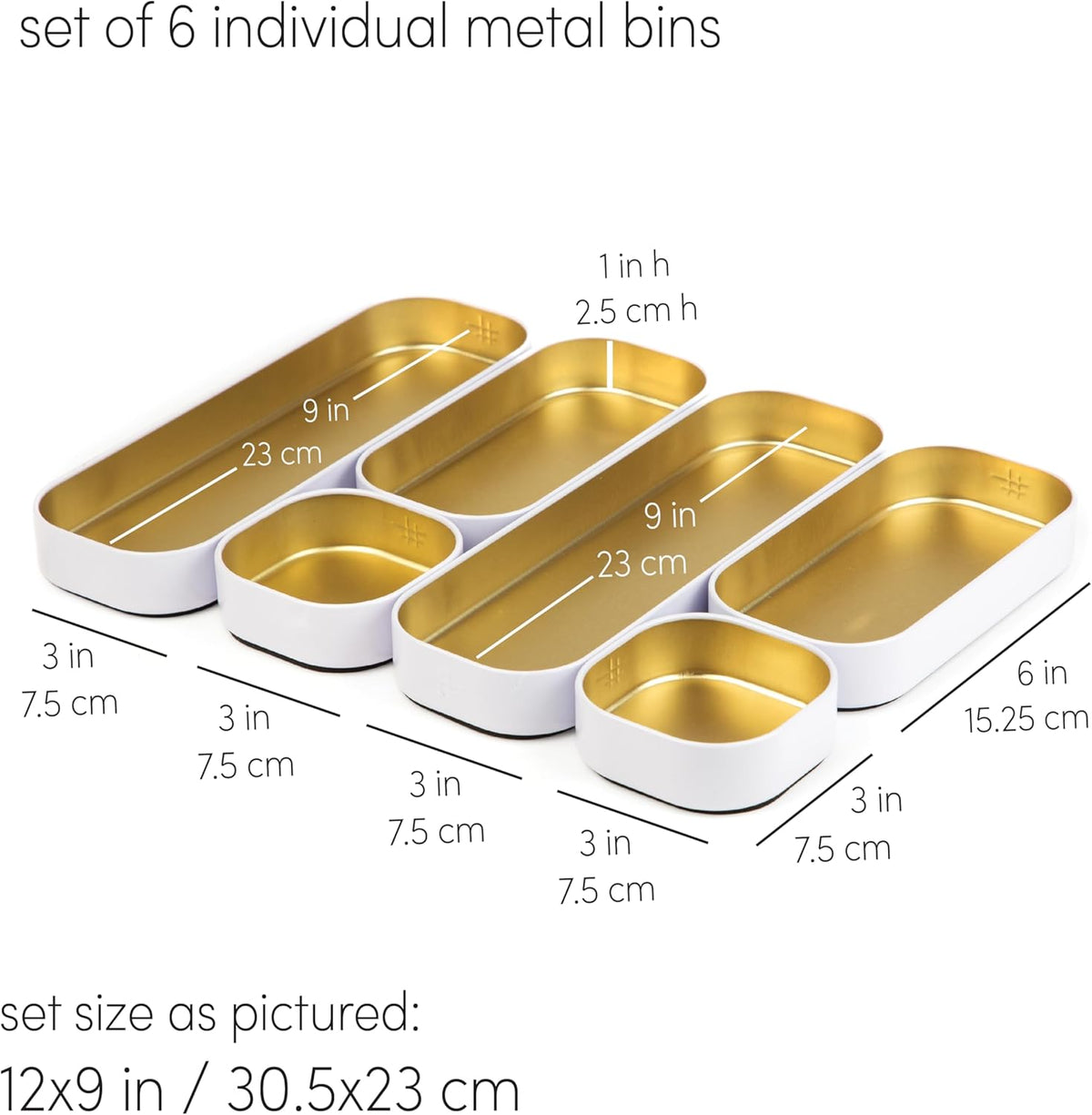 Three by Three Seattle Metal Drawer Organizer Tray Set, 6-Pc, 1" (Gold)
