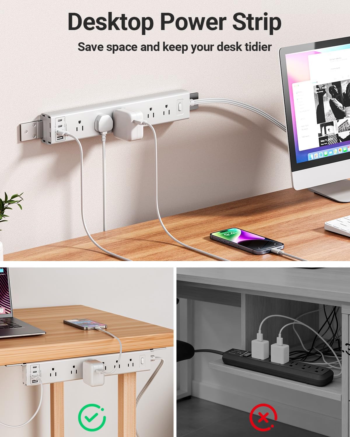 360° Mountable Surge Protector Power Strip with 4 USB Ports (2 USB C), 6 FT E...