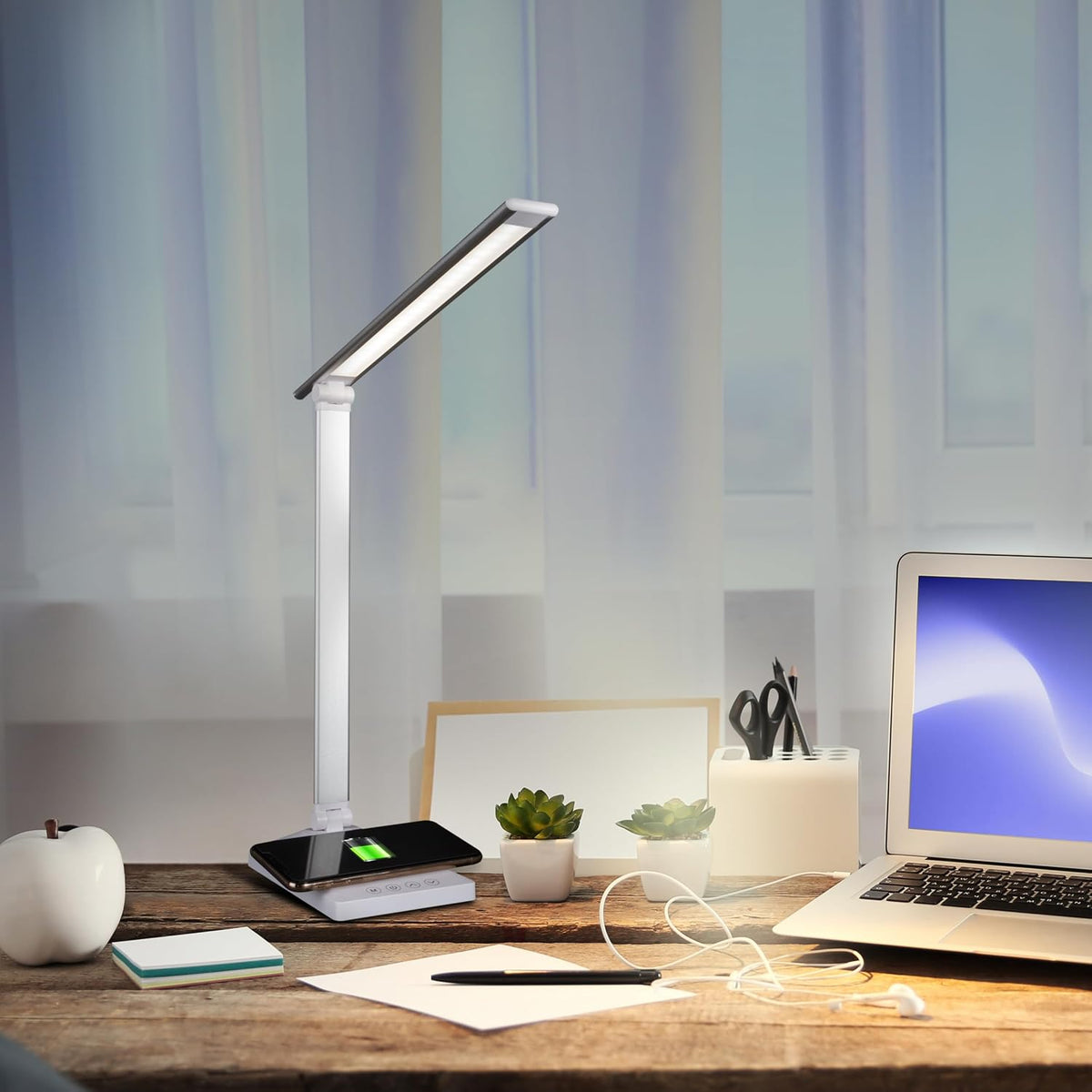 OttLite Entice LED Desk Lamp with Wireless Charging, White and Silver