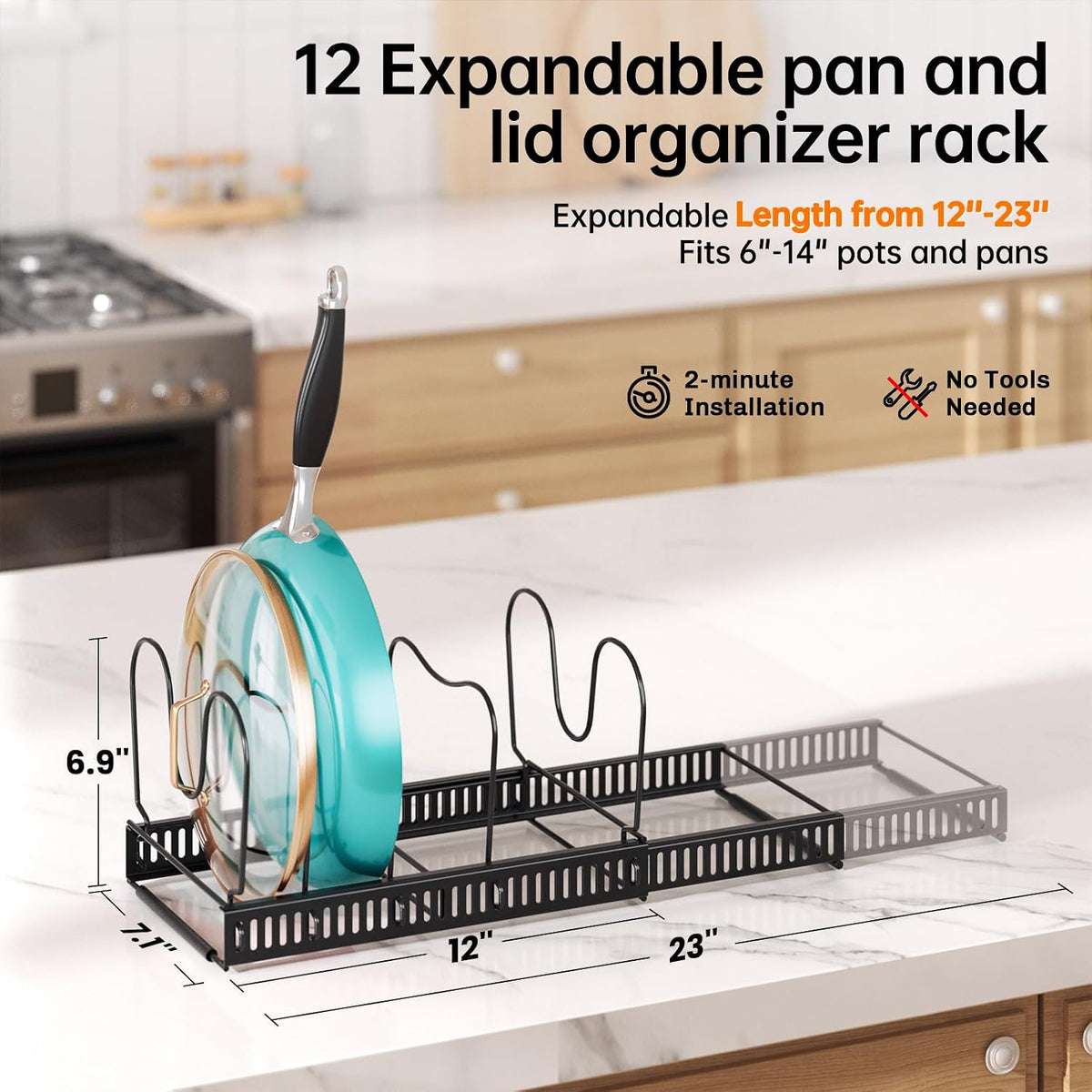 MUDEELA Expandable Pot Pan Lid Organizers inside Cabinet, 12 Divider-Black