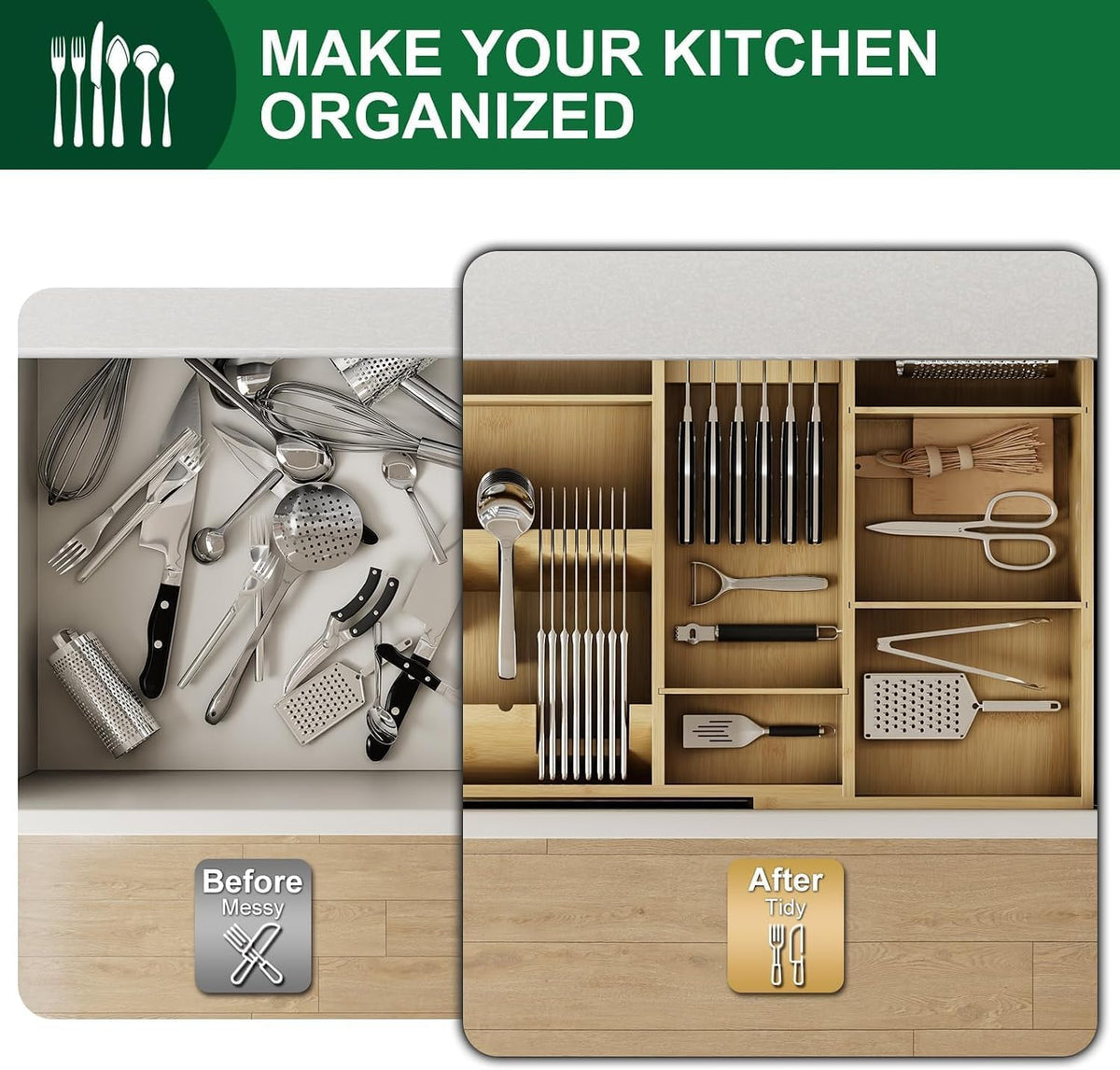 Bamboo Expandable Kitchen Drawer Organizer, 17.8-30 in,Natural